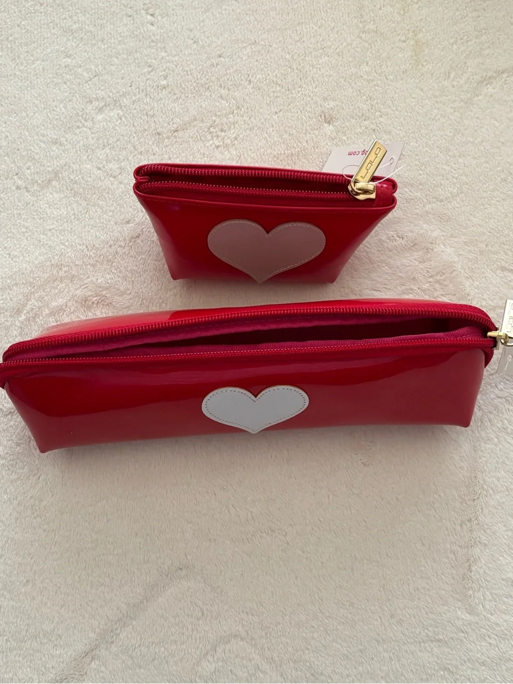 Red Patent Heart Cosmetic Bag Set